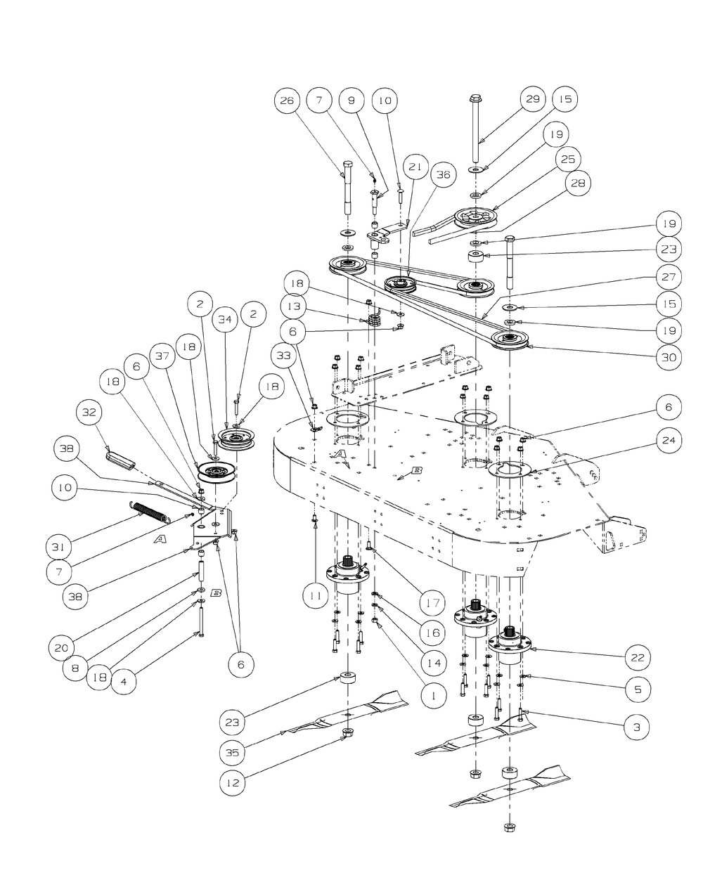 Fabricated Deck Spindle Assembly (2008 And Before) Diagram and Parts List for M54-KH (53AH8CT4050-27HP-OHV)(2009 & Before) Cub Cadet Lawn Tractor